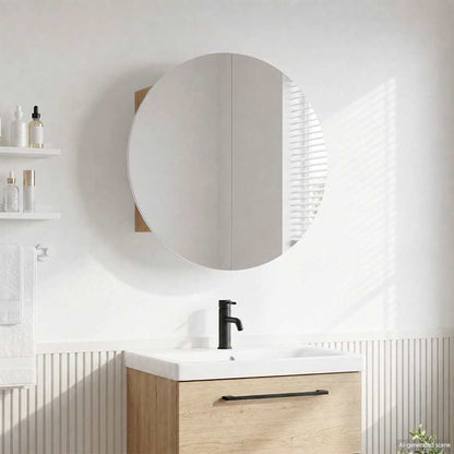 Armadio da Bagno con Specchio Rotondo e LED Rovere 54x54x17,5cm