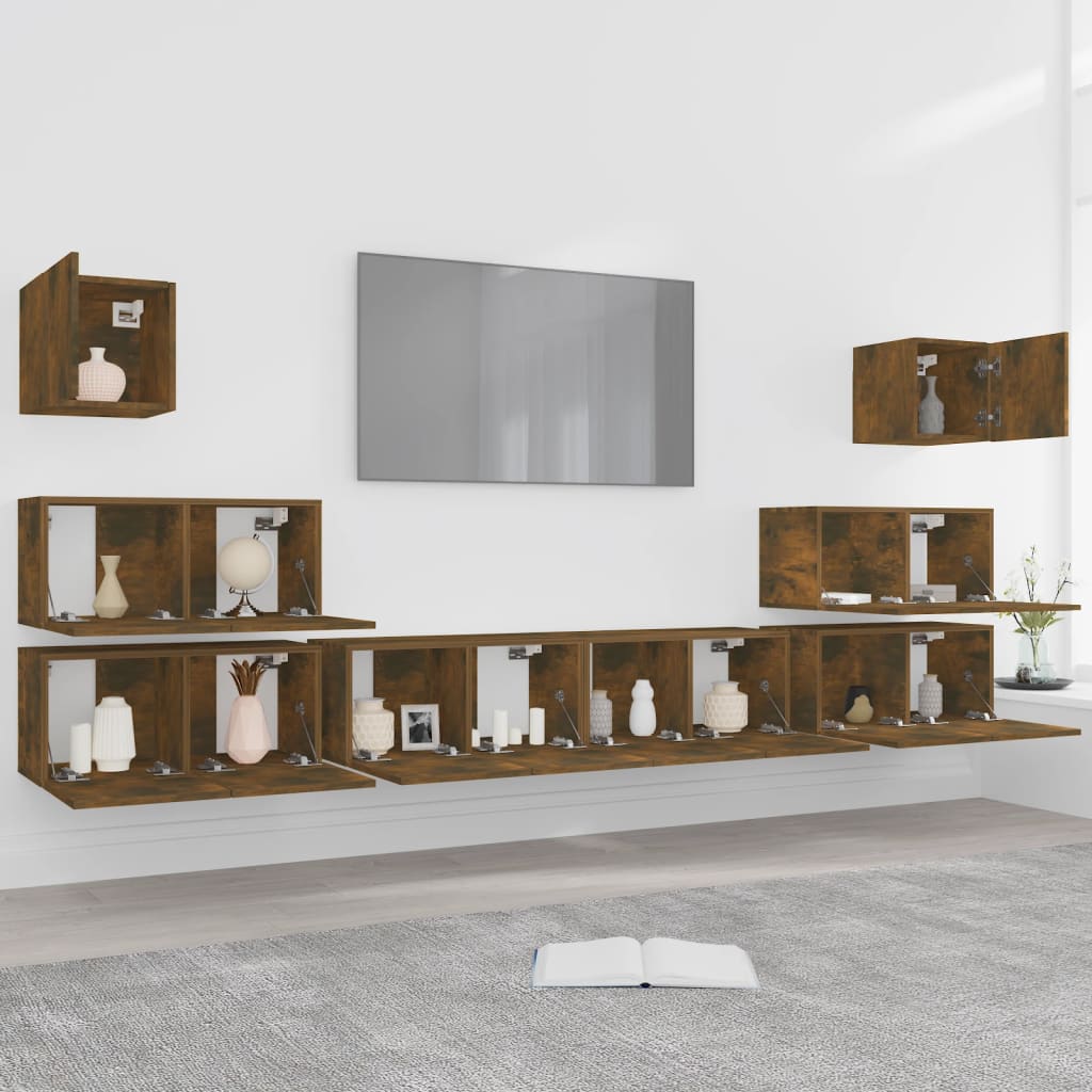 Set Mobili Porta TV 8pz Rovere Fumo in Legno Multistrato | homemem39