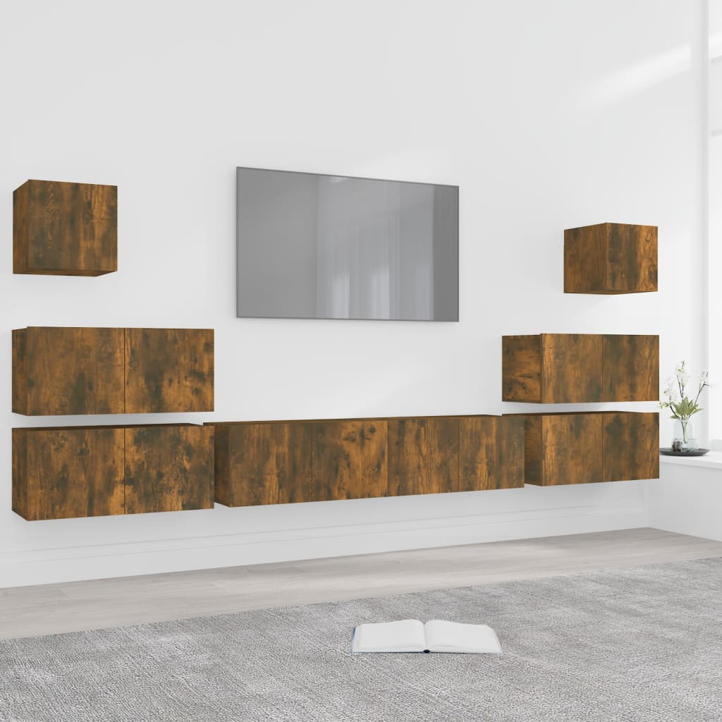 Set Mobili Porta TV 8pz Rovere Fumo in Legno Multistrato | homemem39
