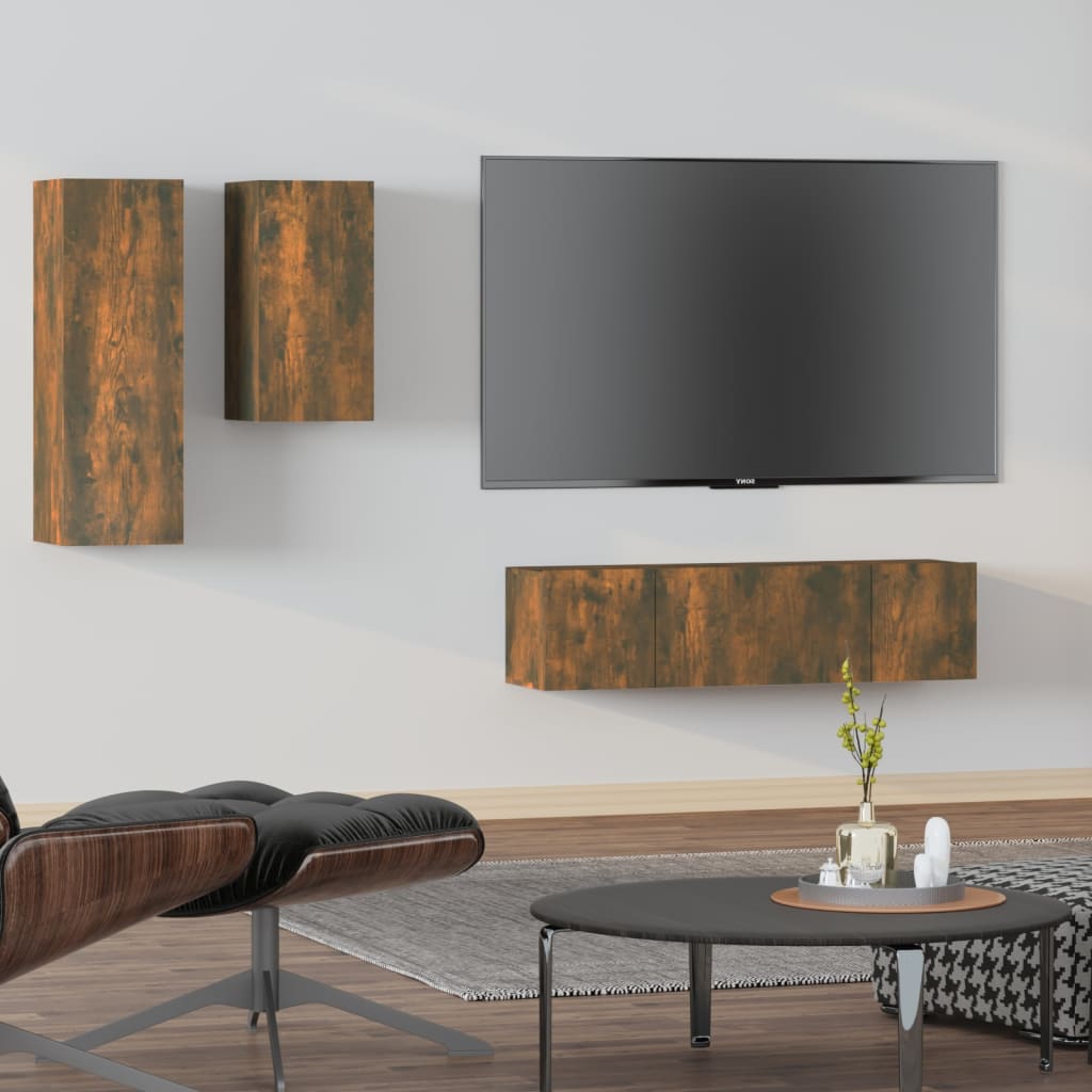 Set di Mobili Porta TV 4 pz Rovere Fumo in Legno Multistrato | homemem39