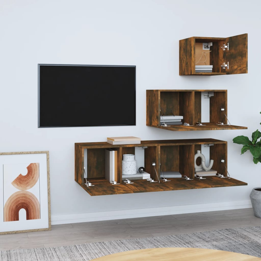 Set di Mobili Porta TV 4 pz Rovere Fumo in Legno Multistrato - homemem39