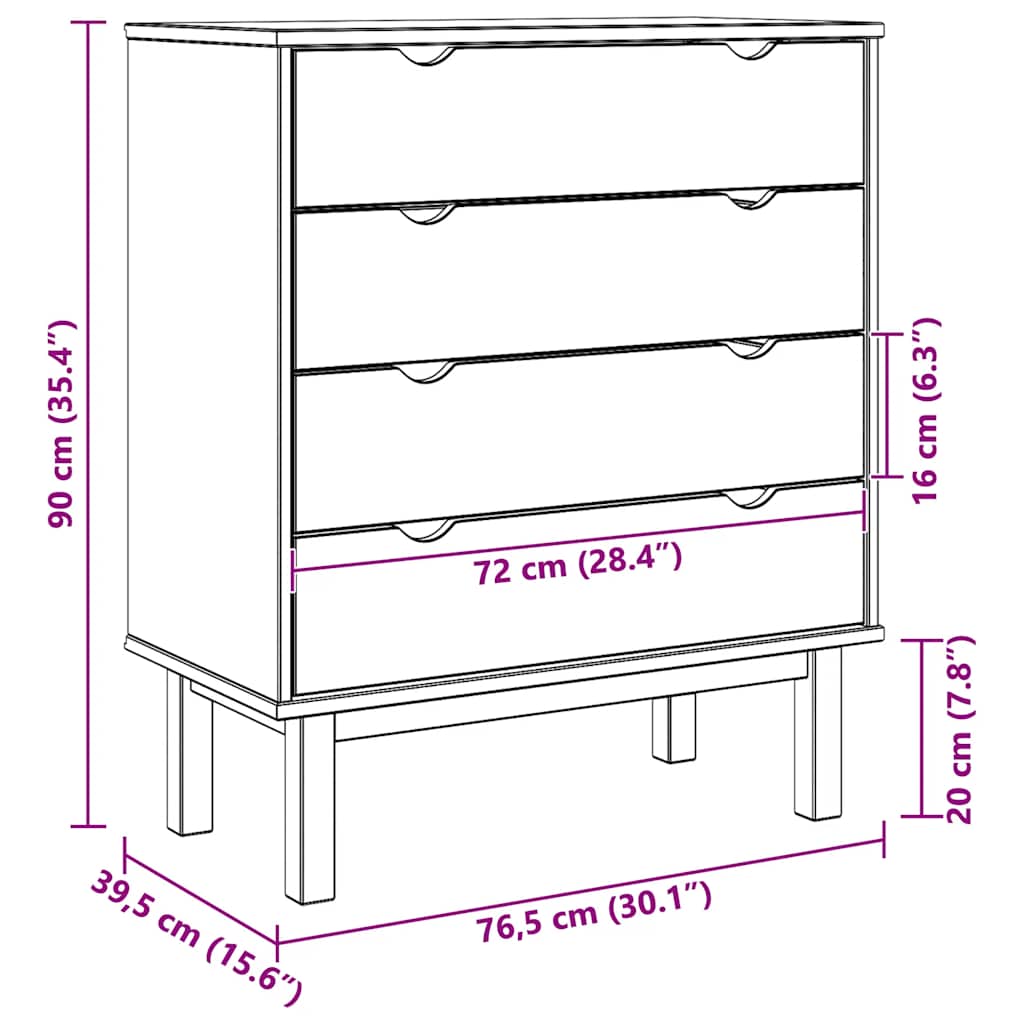 Cassettiera OTTA 76,5x39,5x90 cm in Legno Massello di Pino