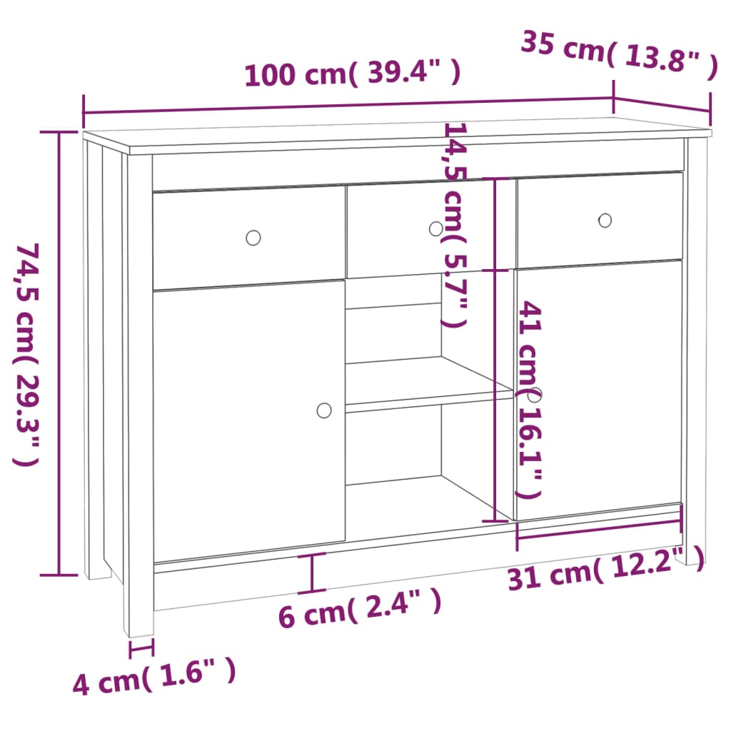 Credenza 100x35x74,5 cm in Legno Massello di Pino - homemem39