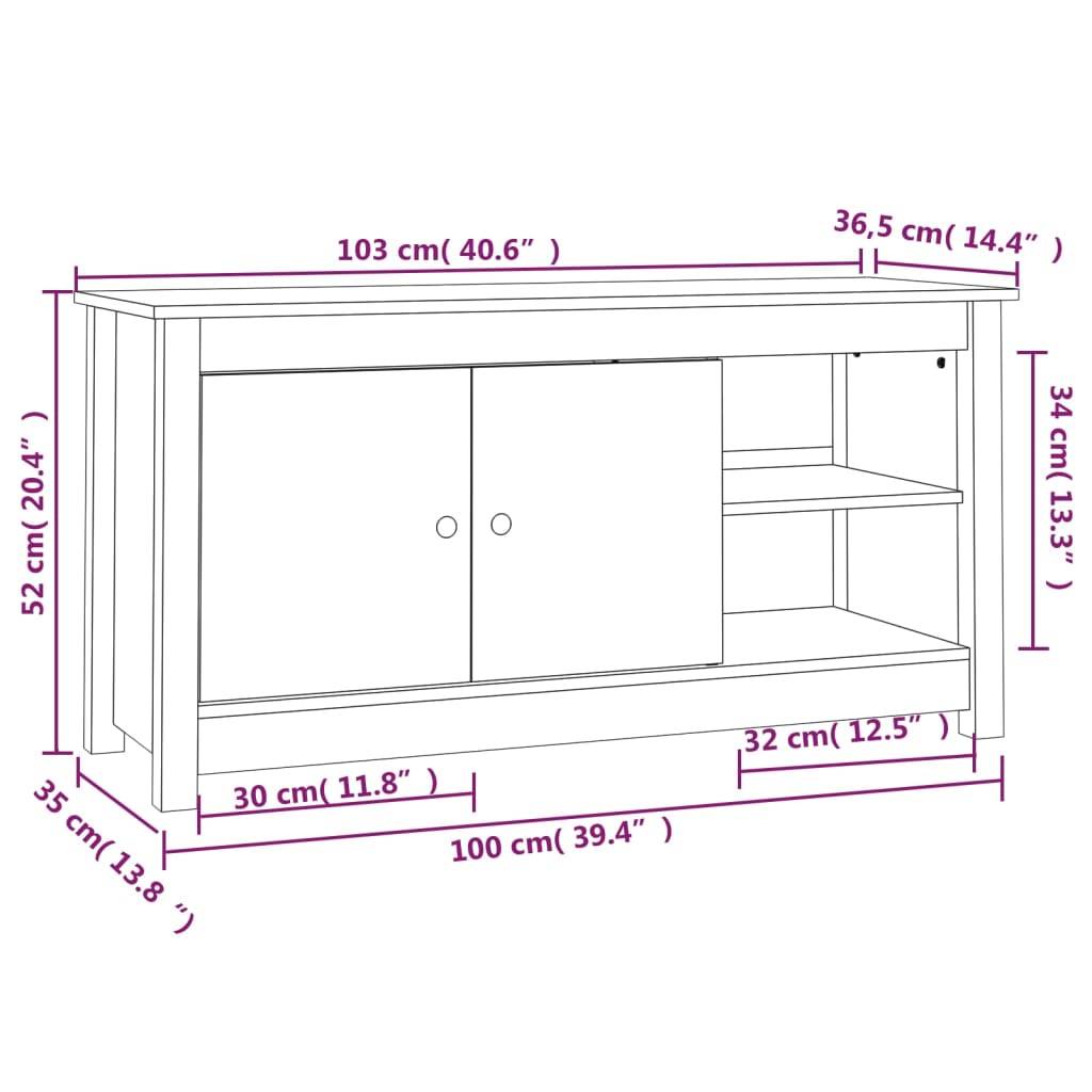 Mobile Porta TV Bianco 103x36,5x52 cm in Legno Massello di Pino - homemem39