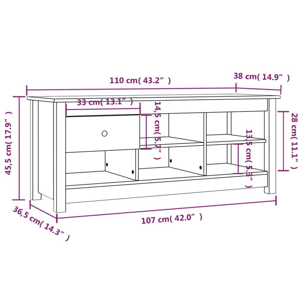 Weißes Schuhregal 110 x 38 x 45,5 cm aus massivem Kiefernholz