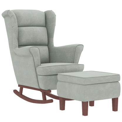 Rocking Armchair with Wooden Legs and Light Gray Velvet Stool