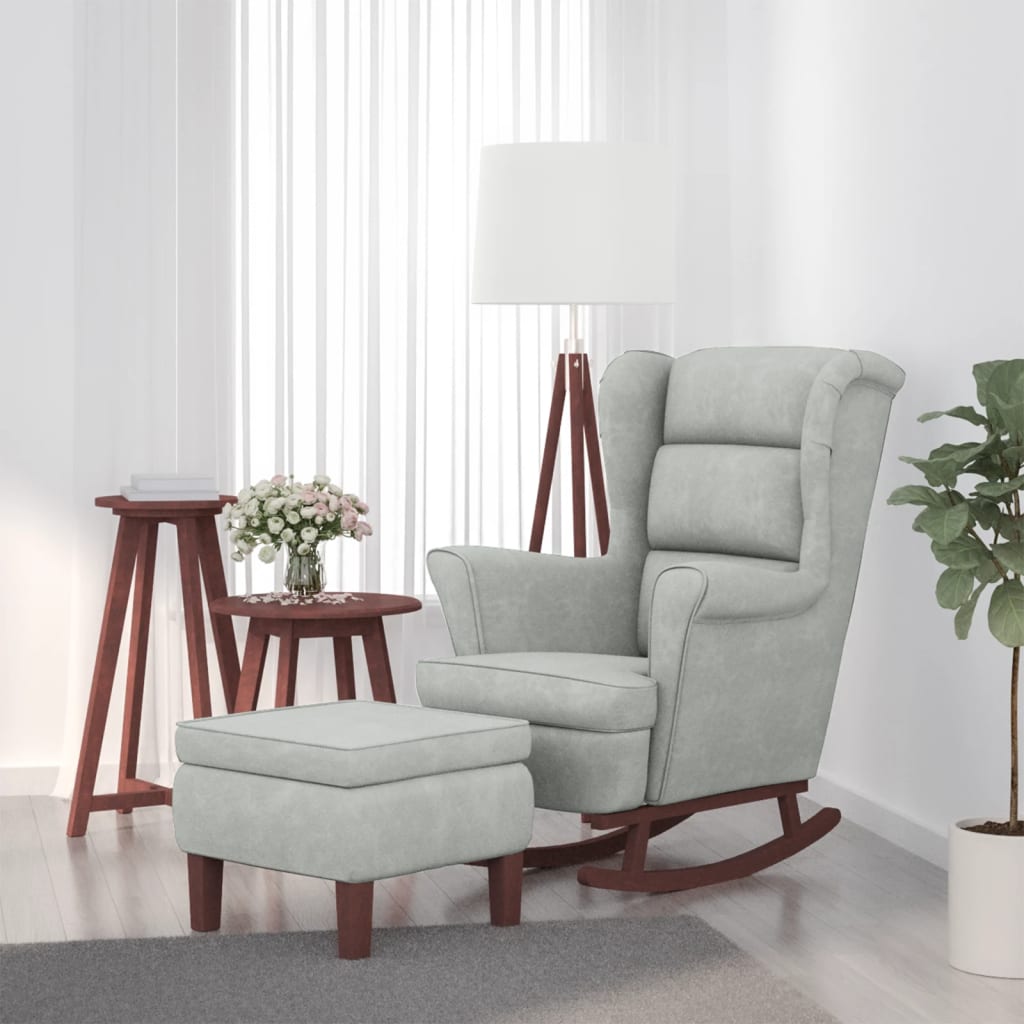 Rocking Armchair with Wooden Legs and Light Gray Velvet Stool