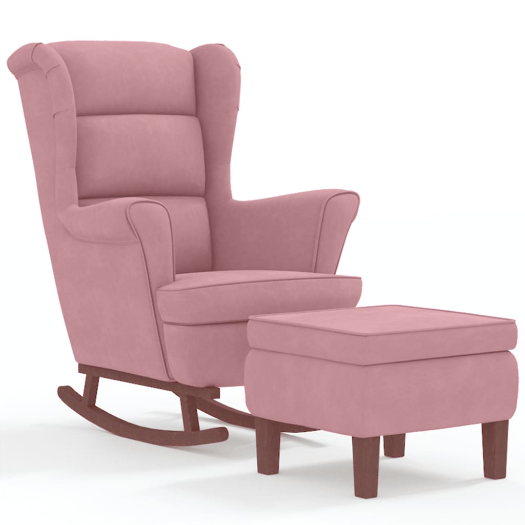 Rocking Armchair with Wooden Legs and Pink Velvet Footrest