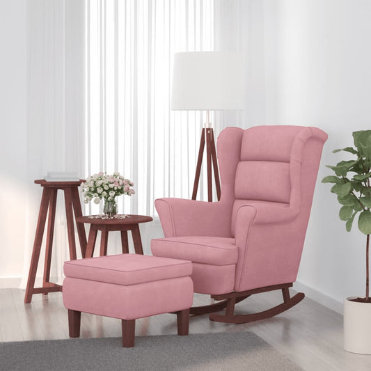 Rocking Armchair with Wooden Legs and Pink Velvet Footrest