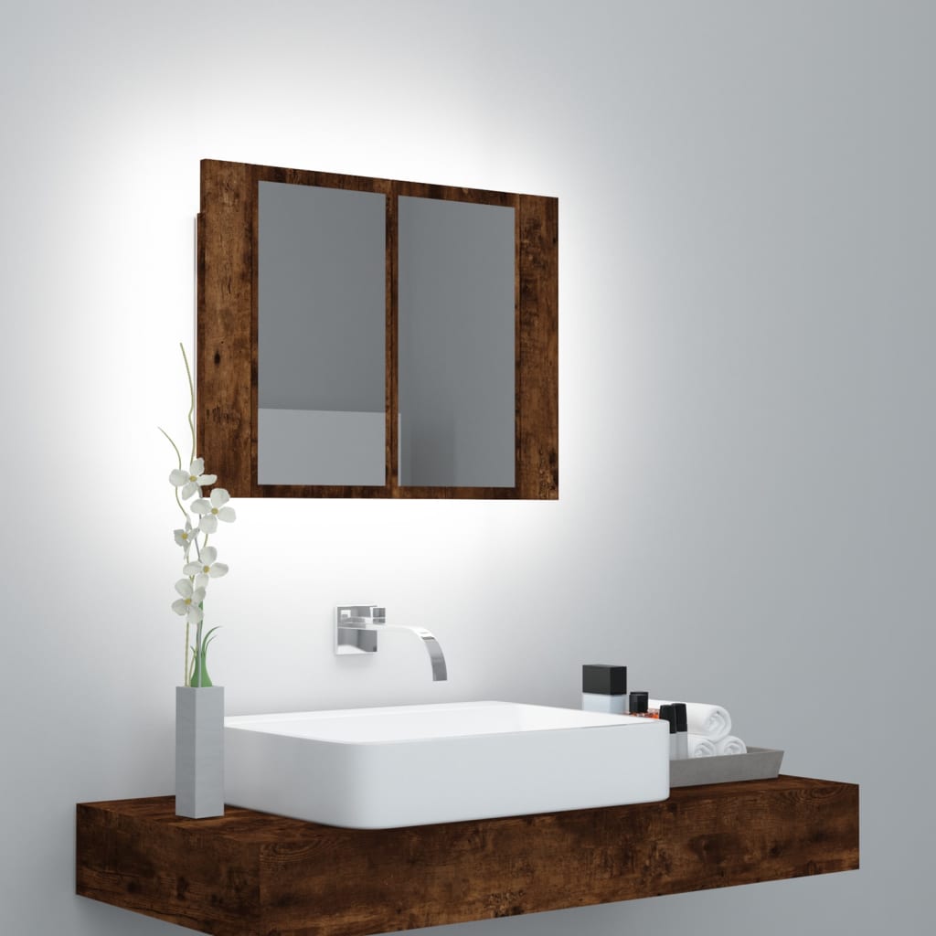 Mobile a Specchio LED Rovere Fumo 60x12x45 cm Legno Multistrato