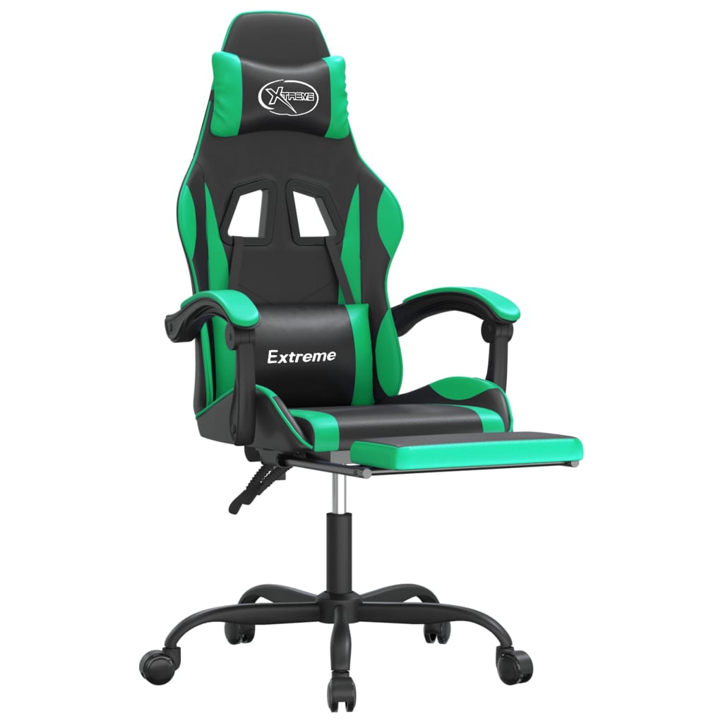 Sedia da Gaming Girevole con Poggiapiedi Nero Verde Similpelle