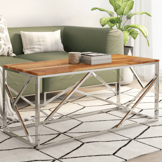 Tavolino Salotto Argento Acciaio Inox e Legno Massello Acacia | homemem39