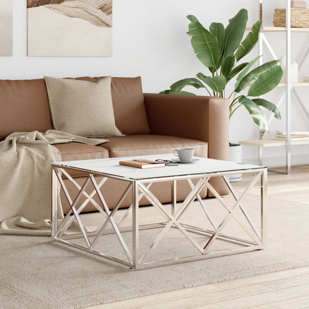 Tavolino da Salotto Argento 80x80x40 cm in Acciaio Inox e Vetro | homemem39