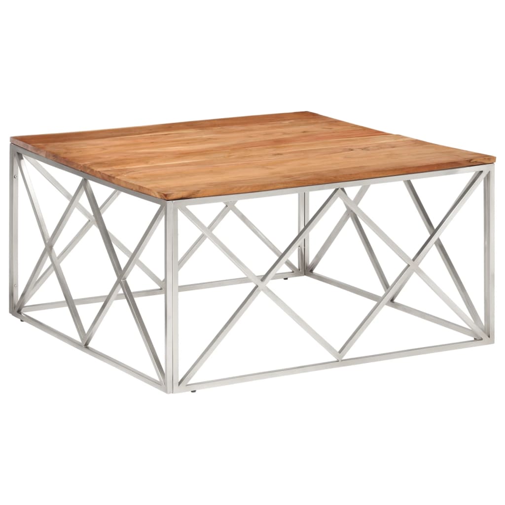 Tavolino Salotto Argento Acciaio Inox e Legno Massello Acacia | homemem39