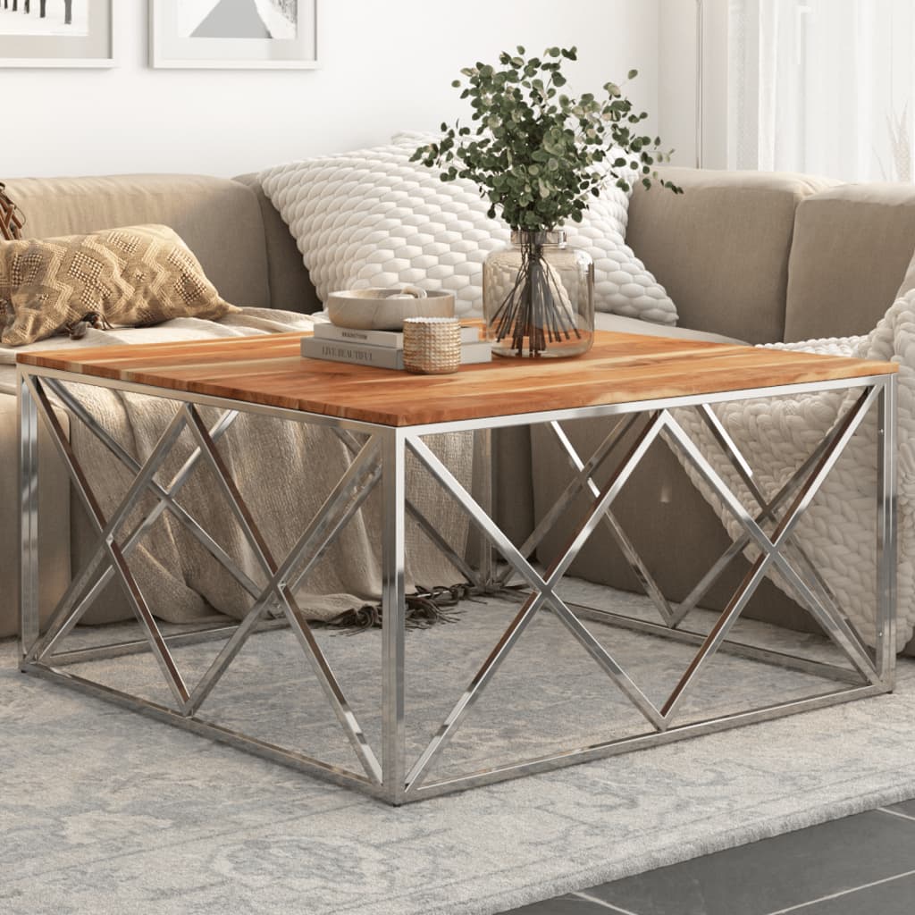 Tavolino Salotto Argento Acciaio Inox e Legno Massello Acacia | homemem39