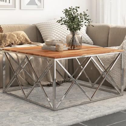 Tavolino Salotto Argento Acciaio Inox e Legno Massello Acacia | homemem39