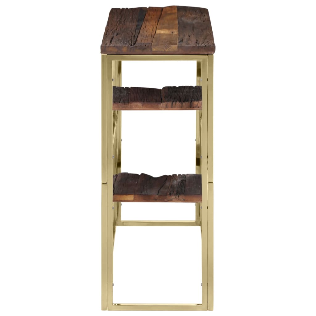 Tavolino Consolle Dorato Acciaio Inox e Traverse Legno Massello - homemem39