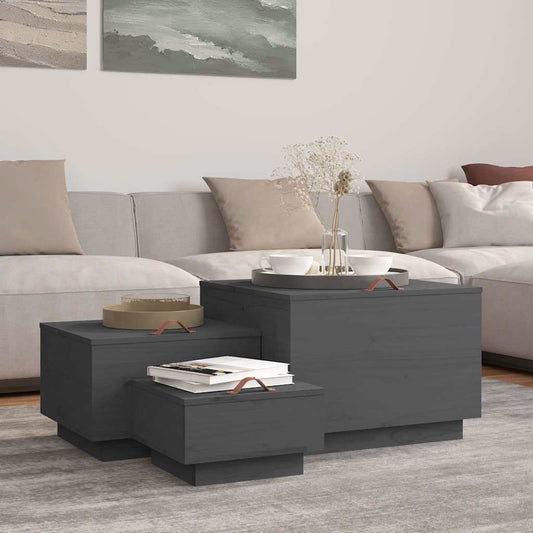 Contenitori Portaoggetti Coperchi 3pz Grigi Legno Massello Pino