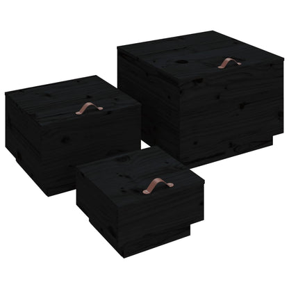 Contenitori Portaoggetti Coperchi 3pz Neri Legno Massello Pino