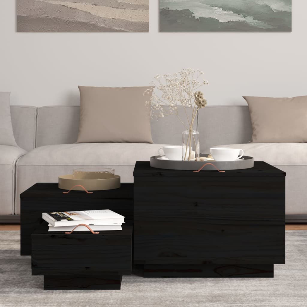 Contenitori Portaoggetti Coperchi 3pz Neri Legno Massello Pino