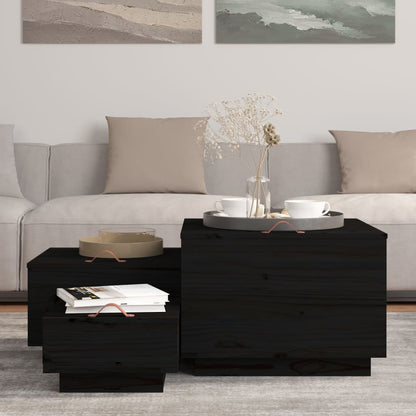 Contenitori Portaoggetti Coperchi 3pz Neri Legno Massello Pino