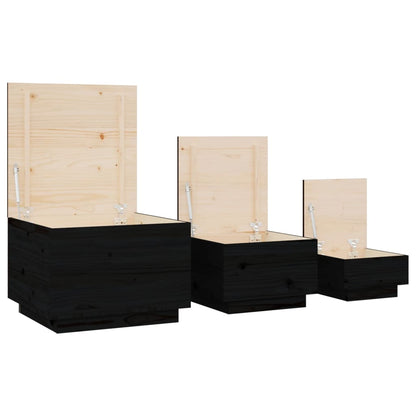 Contenitori Portaoggetti Coperchi 3pz Neri Legno Massello Pino