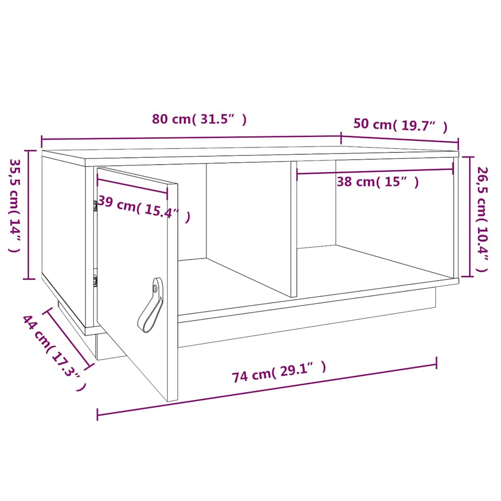 Tavolino da Salotto Bianco 80x50x35,5 cm Legno Massello di Pino