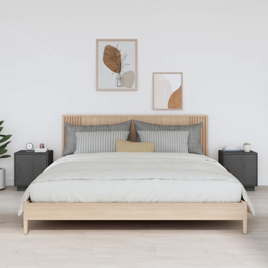Comodini Grigi 2 pz 40x34x45 cm in Legno Massello di Pino - homemem39
