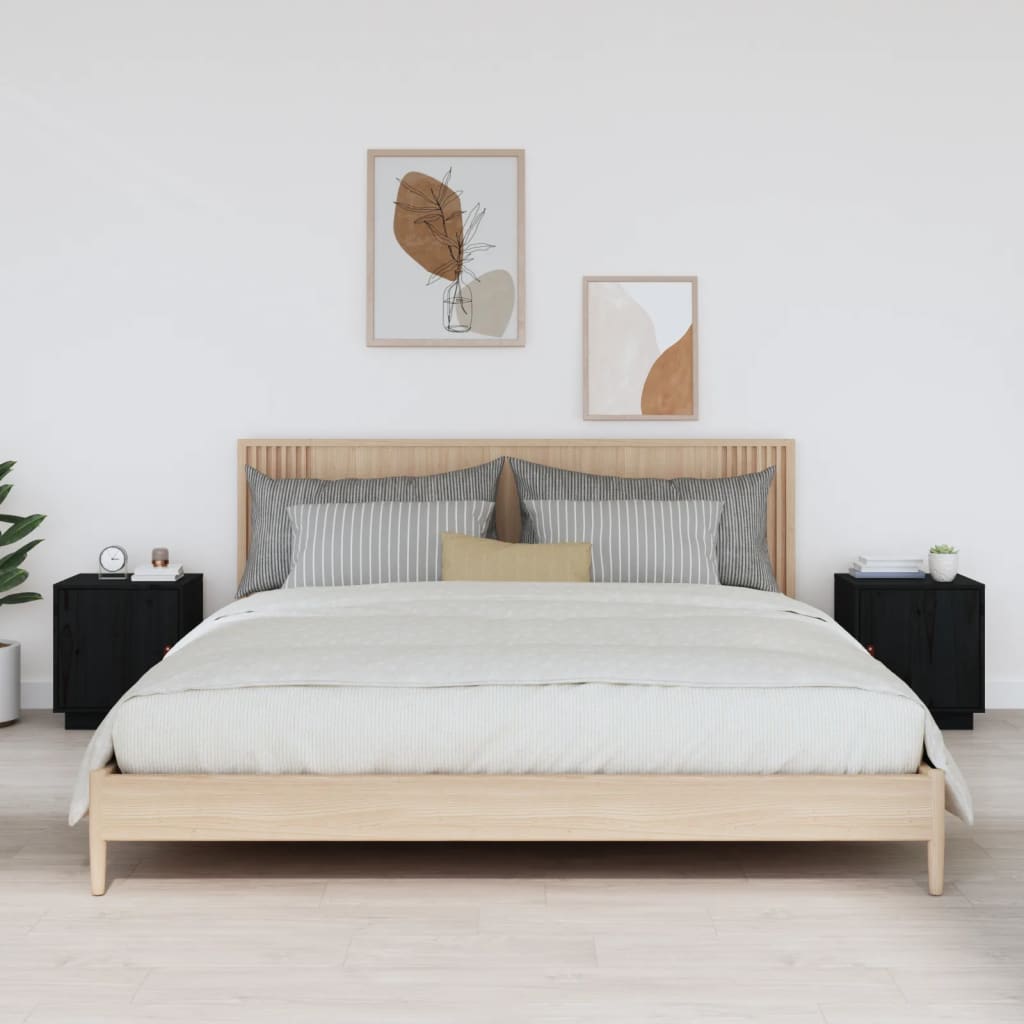 Comodini Nero 2 pz 40x34x45 cm in Legno Massello di Pino - homemem39