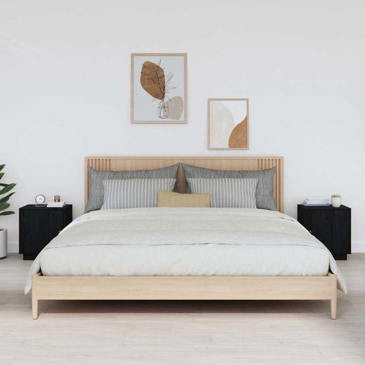Comodini Nero 2 pz 40x34x45 cm in Legno Massello di Pino