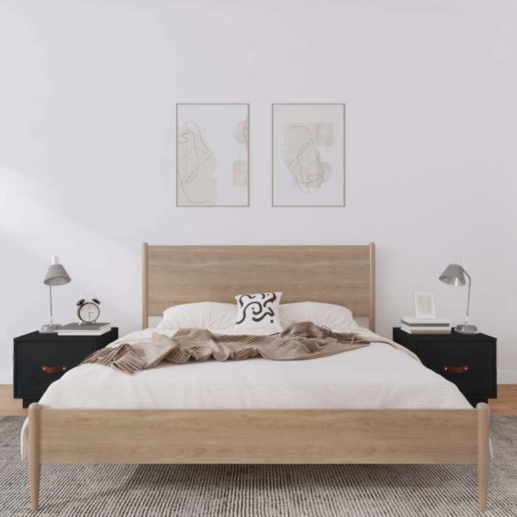 Comodini 2 pz Neri 40x34x35 cm in Legno Massello di Pino