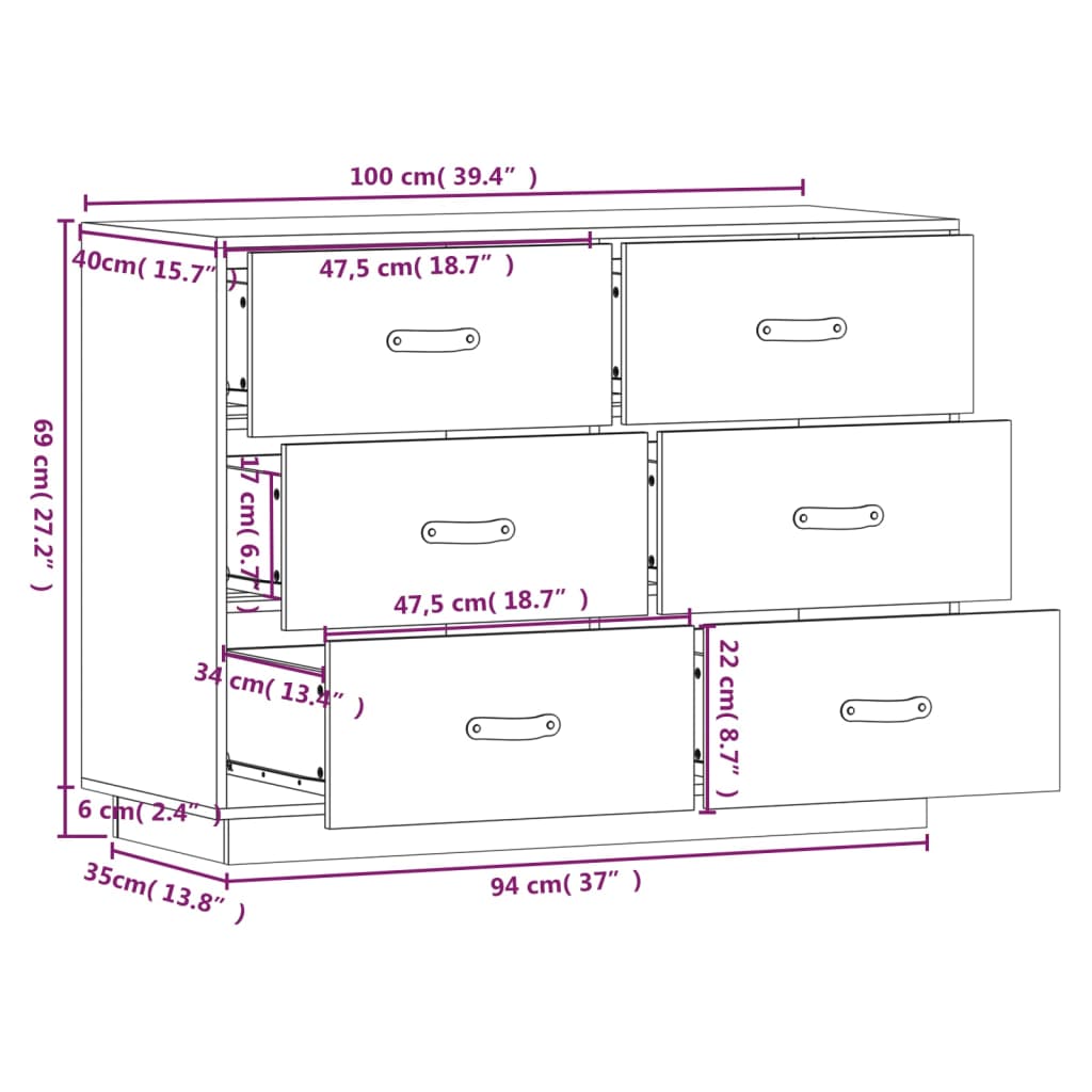 Credenza 100x40x75 cm in Legno Massello di Pino - homemem39