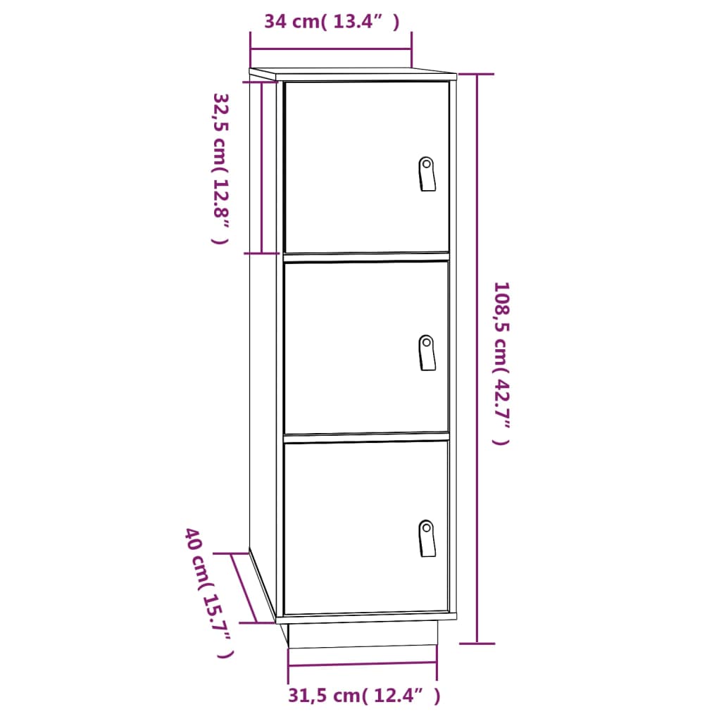 Credenza Bianca 34x40x108,5 cm in Legno Massello di Pino