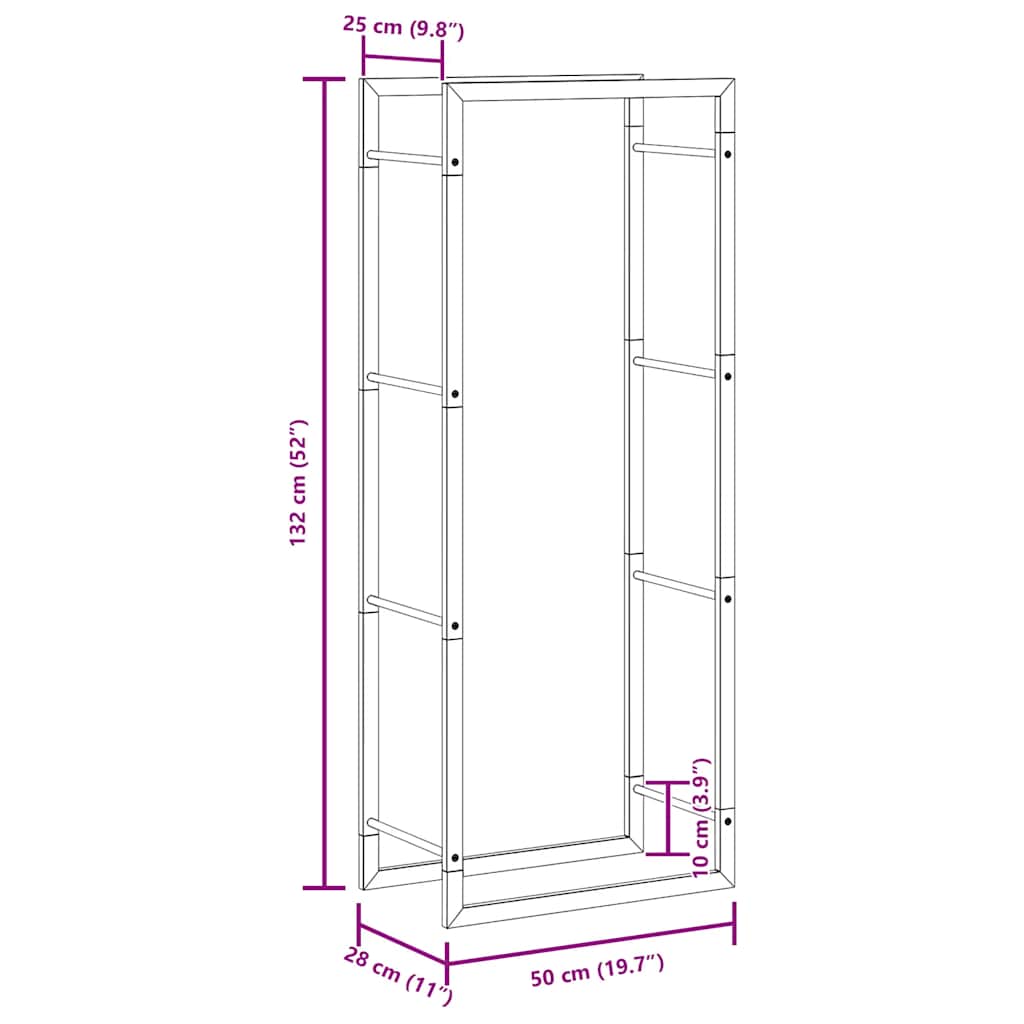 Portalegna Nero Opaco 50x28x132 cm in Acciaio