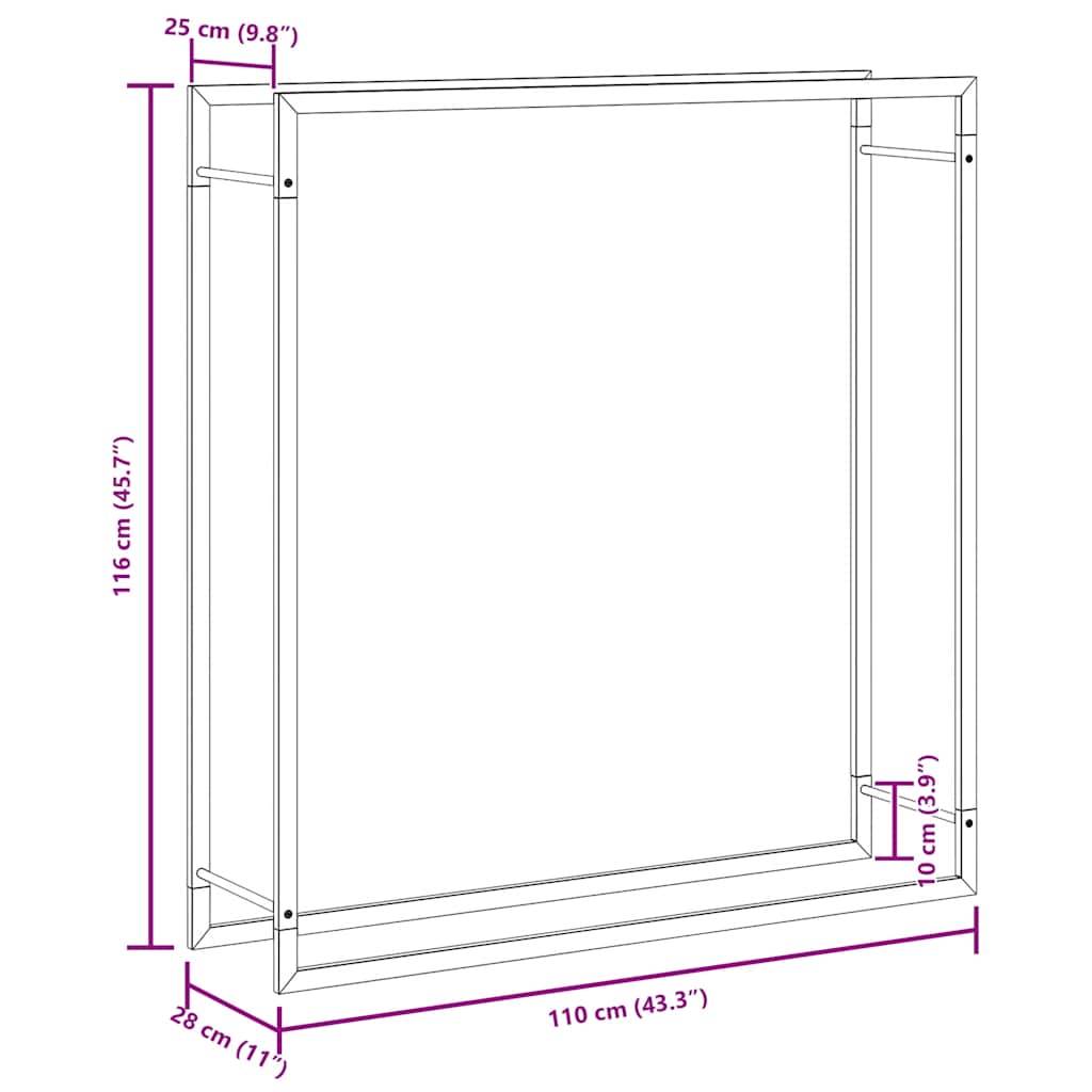Portalegna Nero Opaco 110x28x116 cm in Acciaio