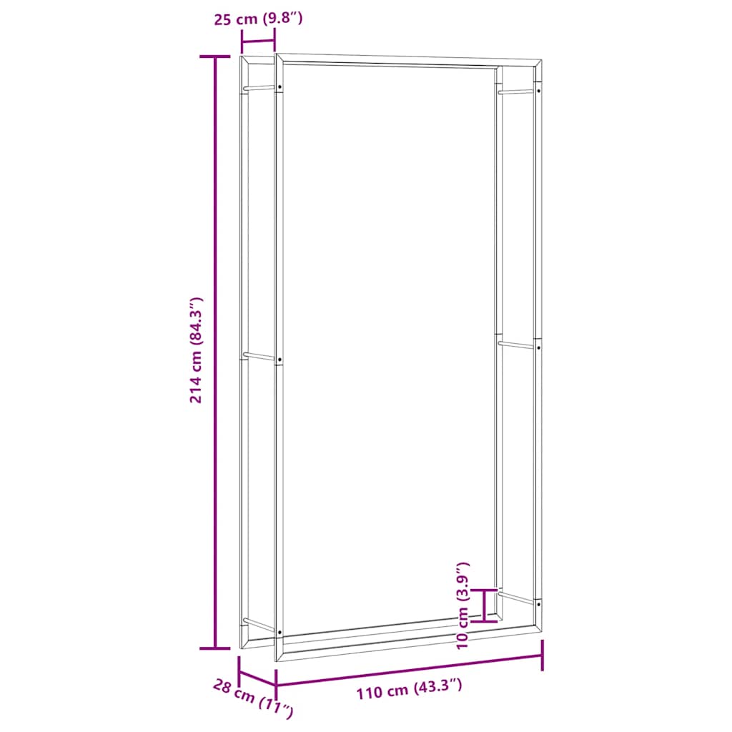 Portalegna Nero Opaco 110x28x214 cm in Acciaio