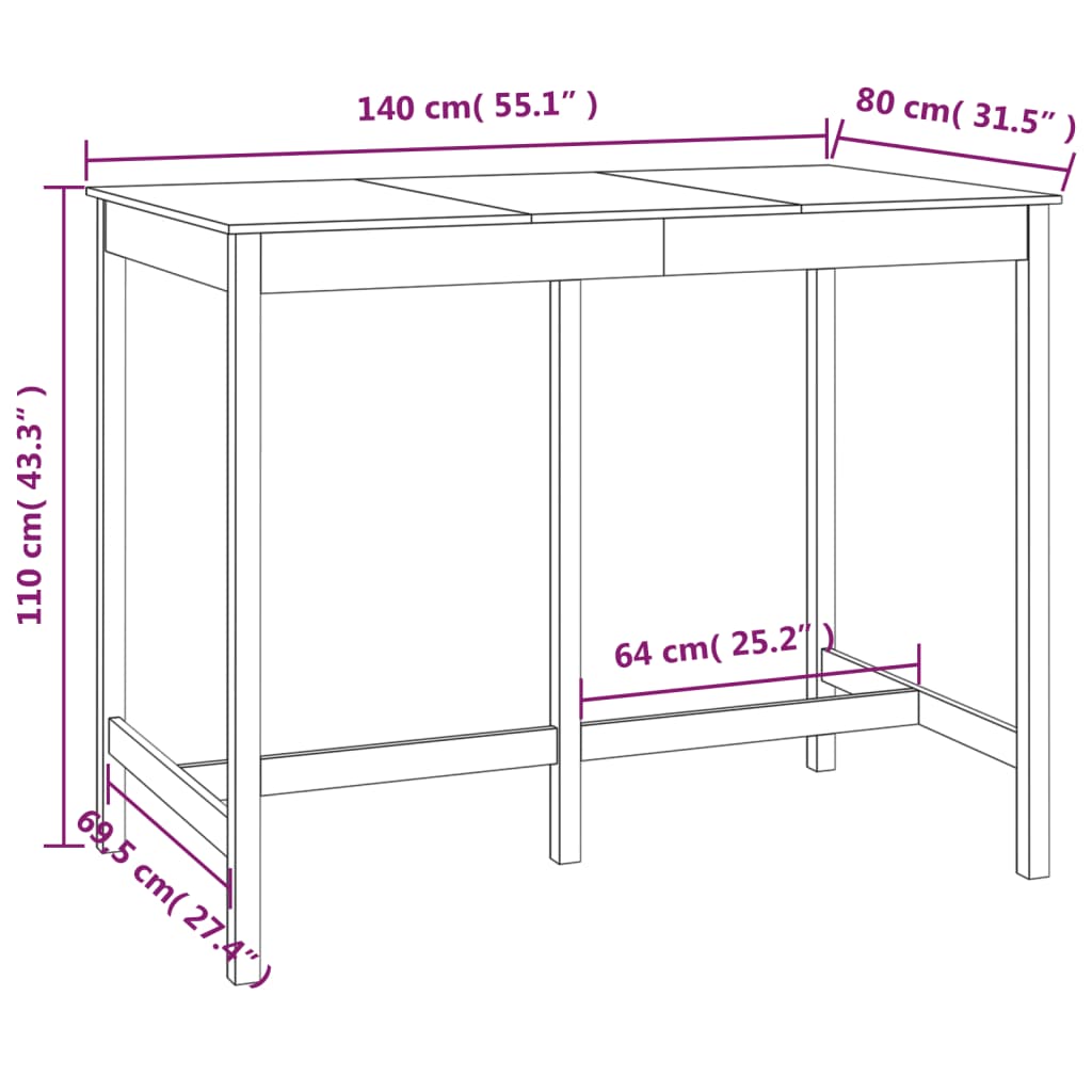 Tavolo da Bar Ambra 140x80x110 cm in Legno Massello di Pino | homemem39