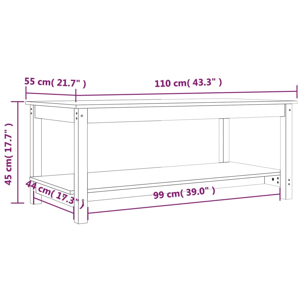 Tavolino da Salotto 110x55x45 cm Legno Massello di Pino