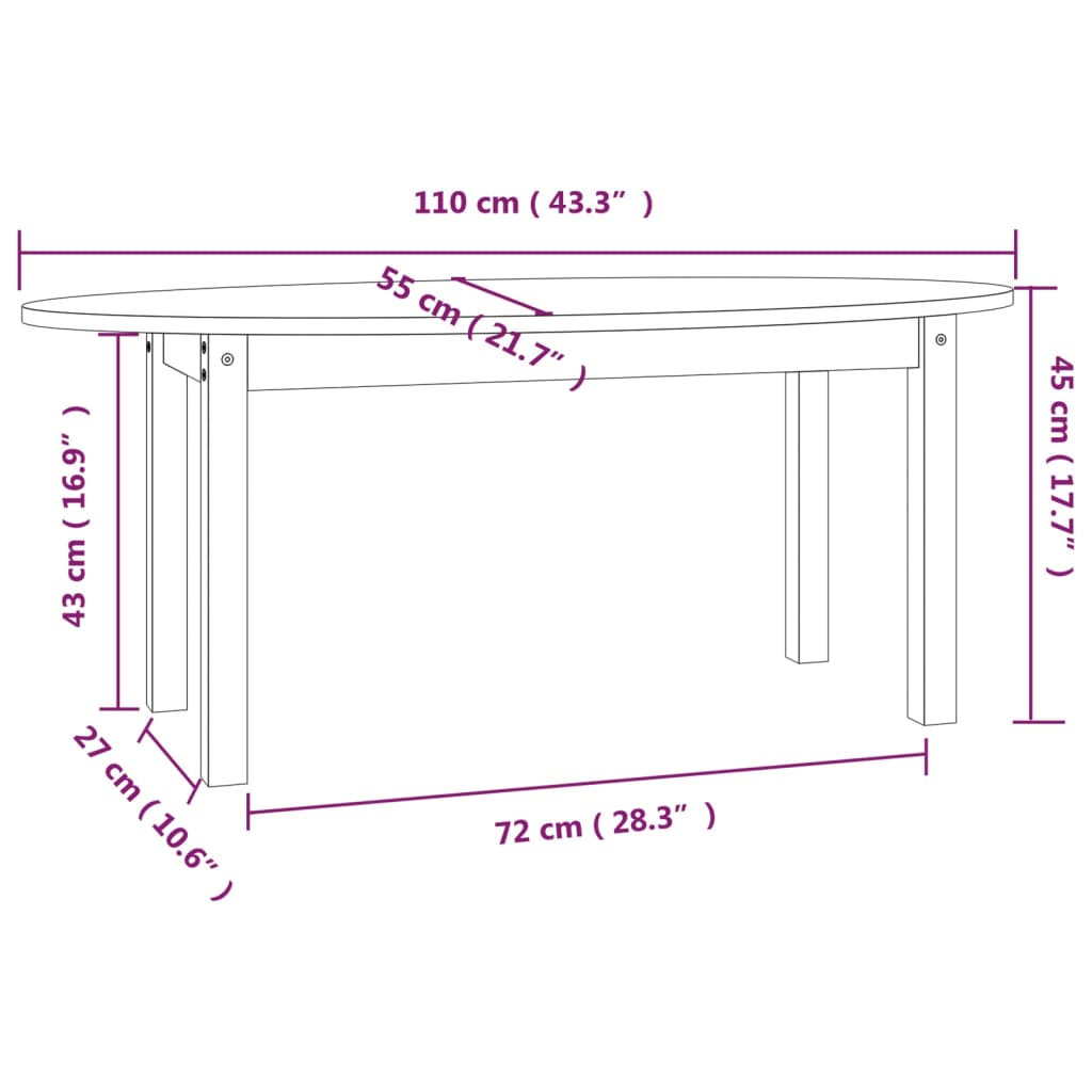 Tavolino da Salotto Grigio 110x55x45 cm Legno Massello di Pino
