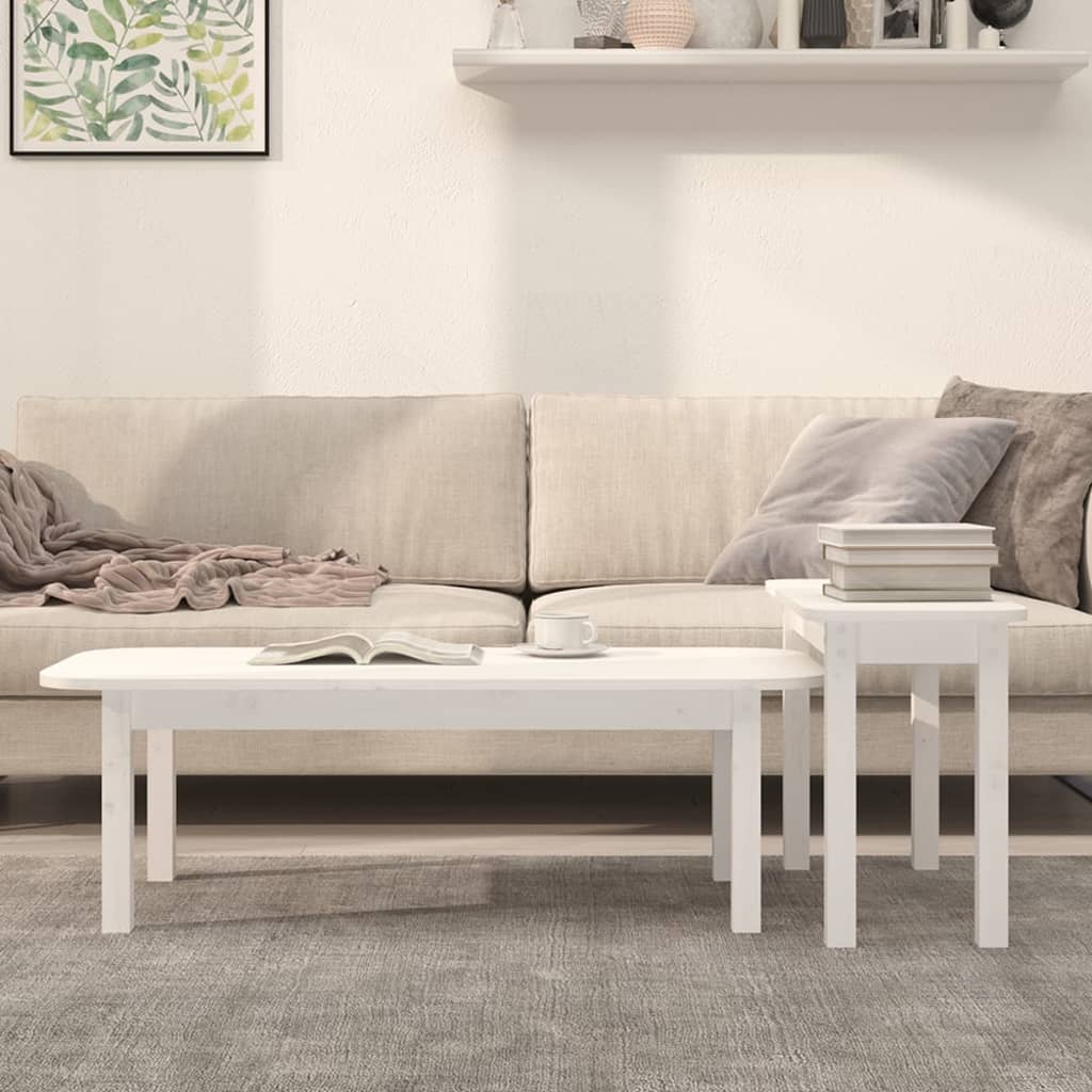 Set Tavolini da Salotto 2 pz Bianco in Legno Massello di Pino | homemem39