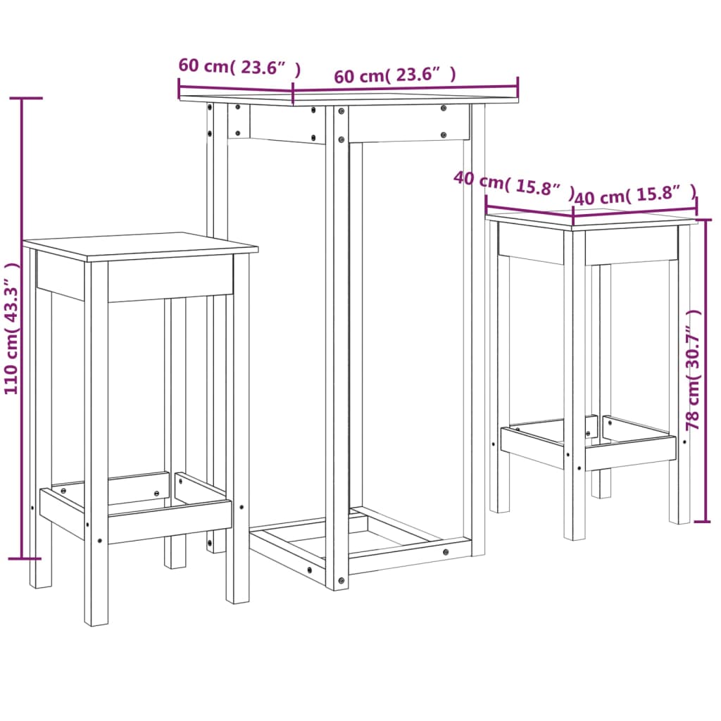 Set da Bar 3 pz in Legno Massello di Pino - homemem39