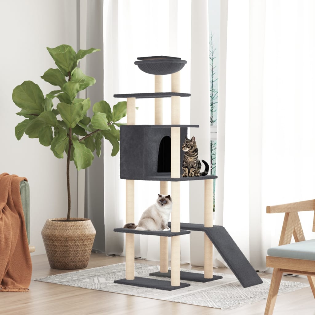 Albero per Gatti con Tiragraffi in Sisal Grigio Scuro 166 cm | homemem39