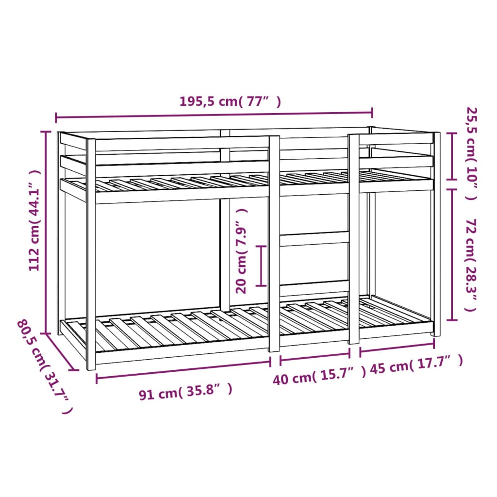 Bunk bed 75x190 cm in solid pine wood