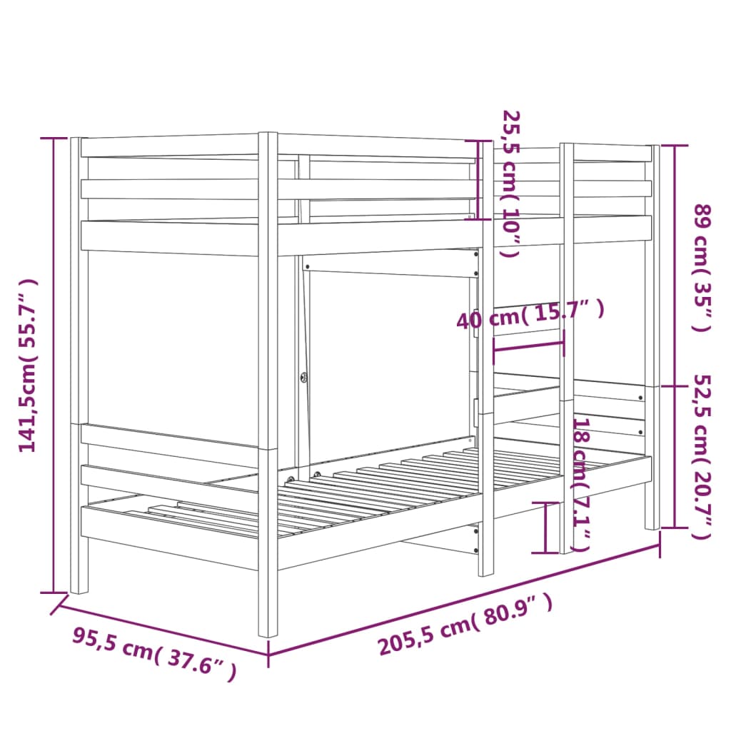 Letto a Castello senza Materasso 90x200cm Massello Pino | homemem39