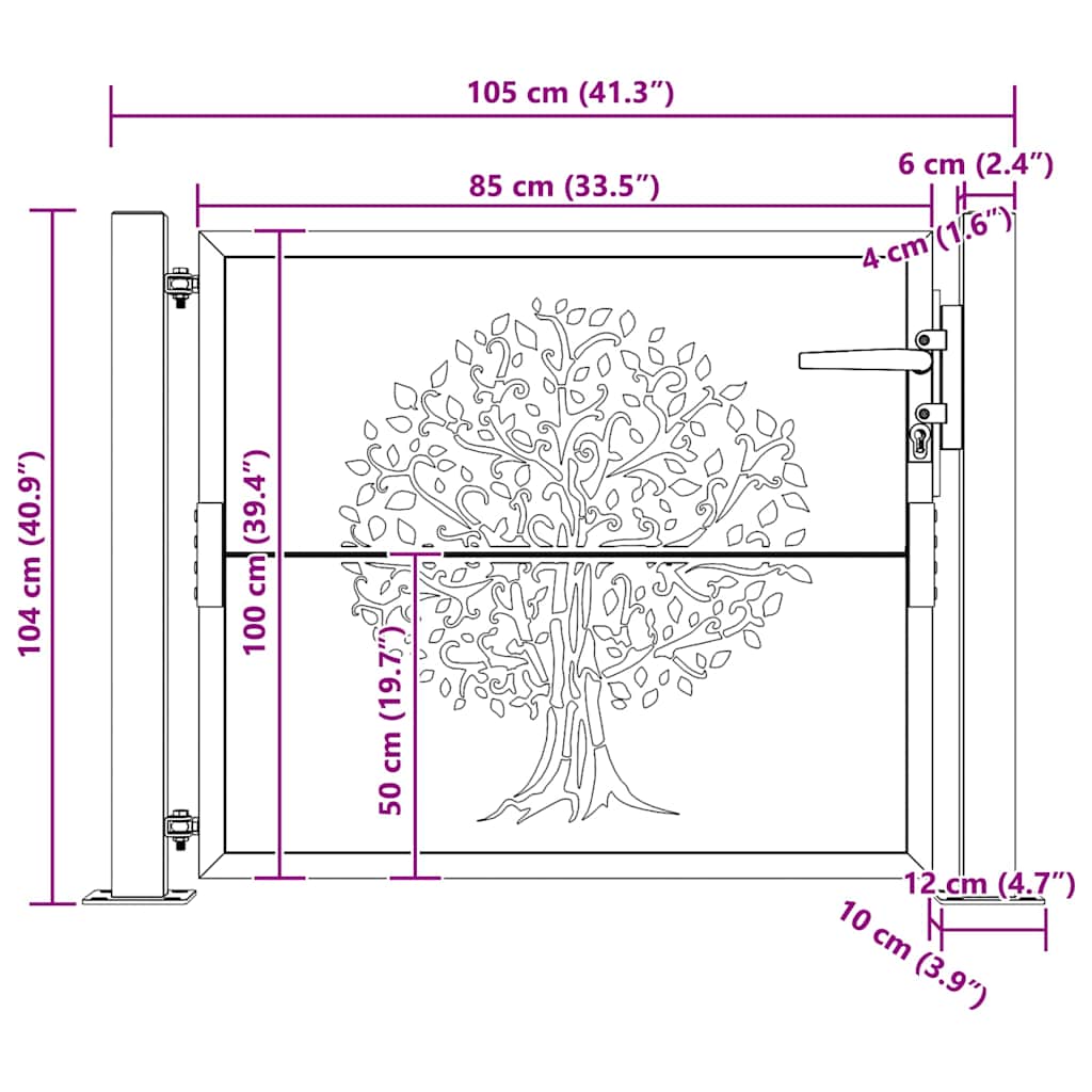 Cancello da giardino 100x100 cm in acciaio Corten con design ad albero | homemem39