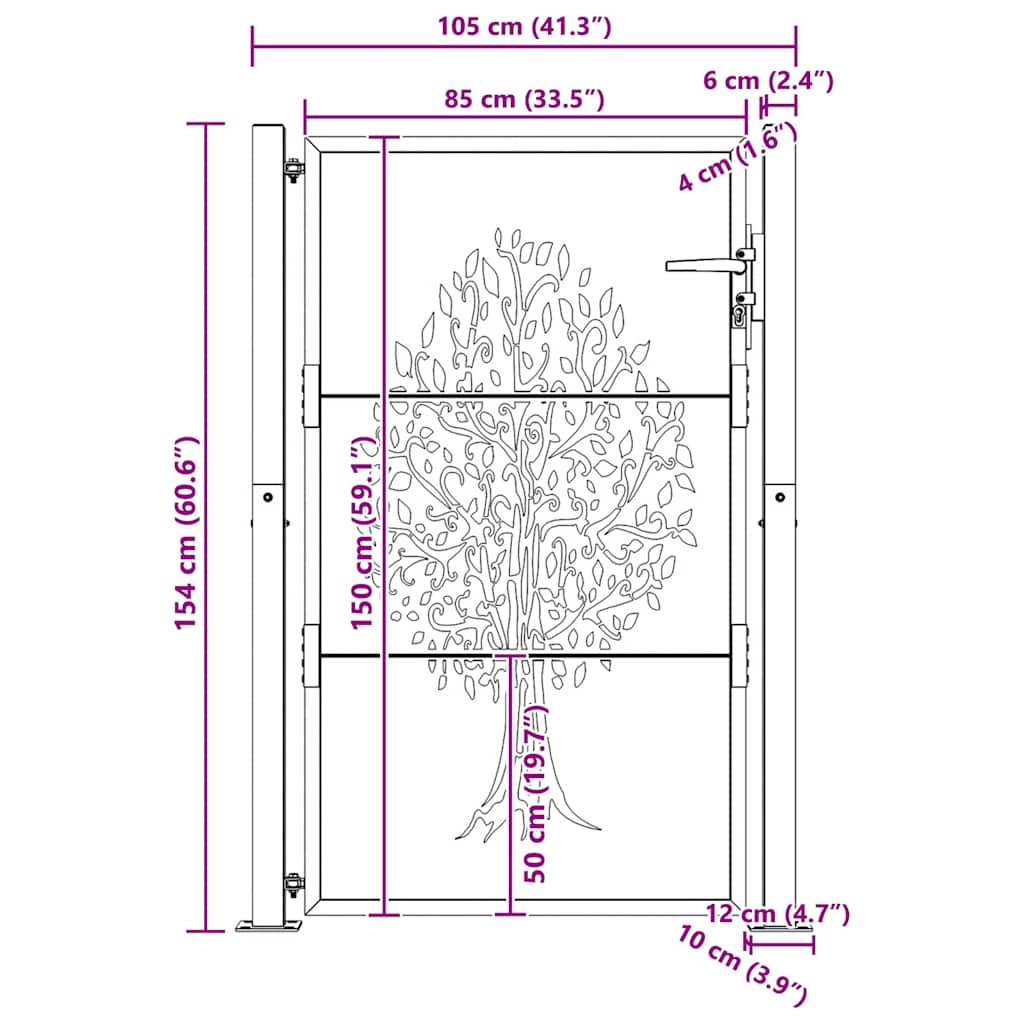 Cancello da giardino 100x150 cm in acciaio Corten con design ad albero | homemem39