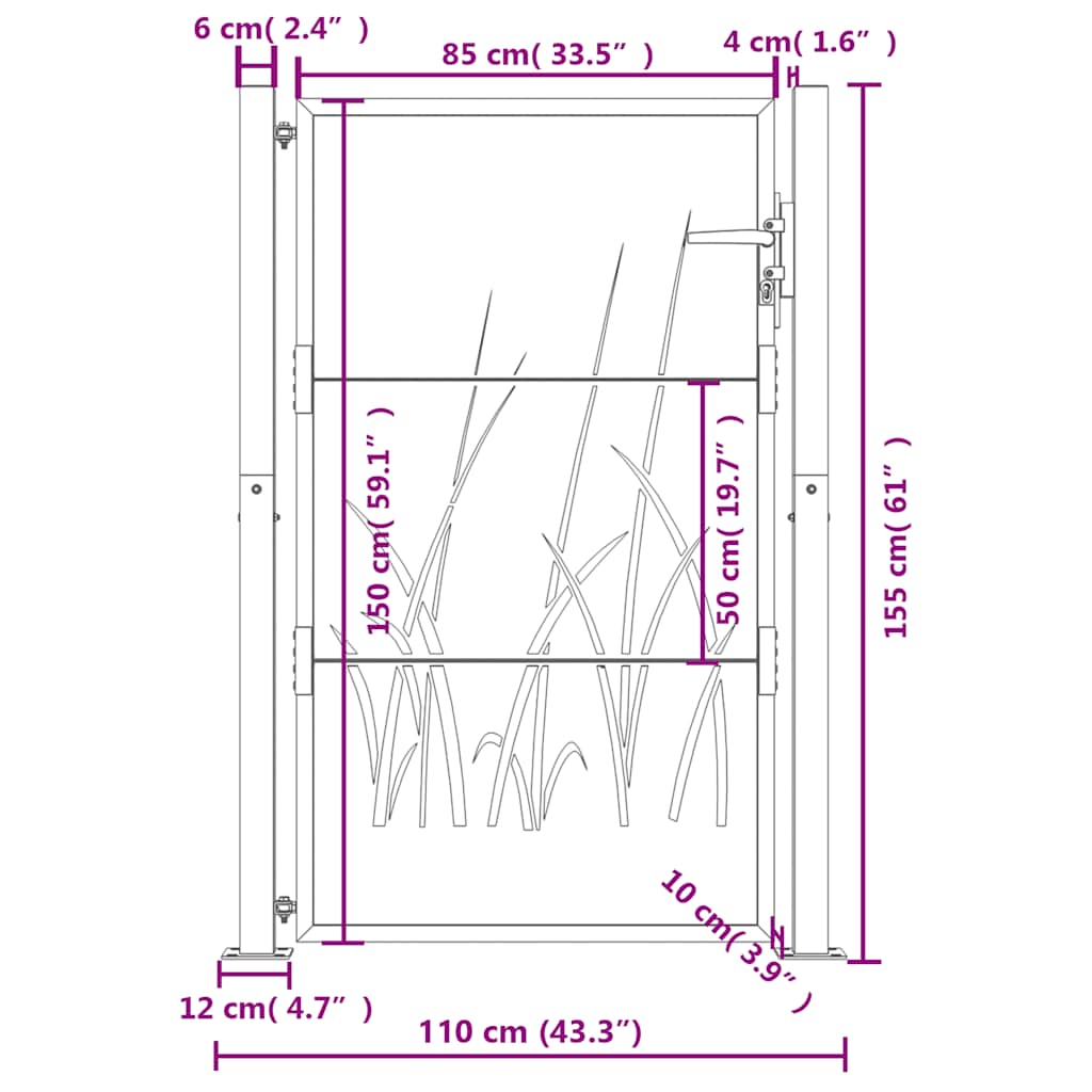 Cancello da giardino antracite 100x150 cm in acciaio design erba | homemem39