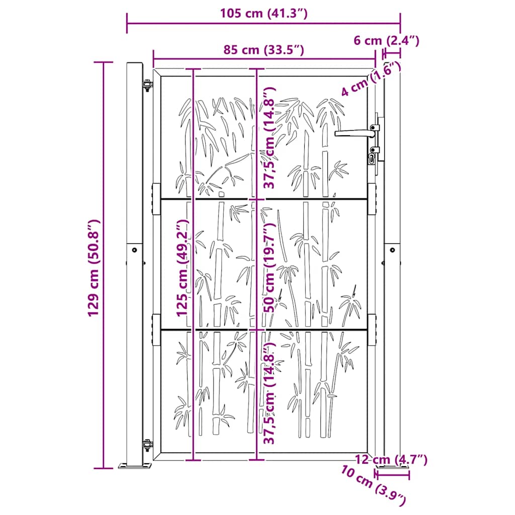 Cancello da giardino 100x125 cm in acciaio Corten e design in bambù | homemem39