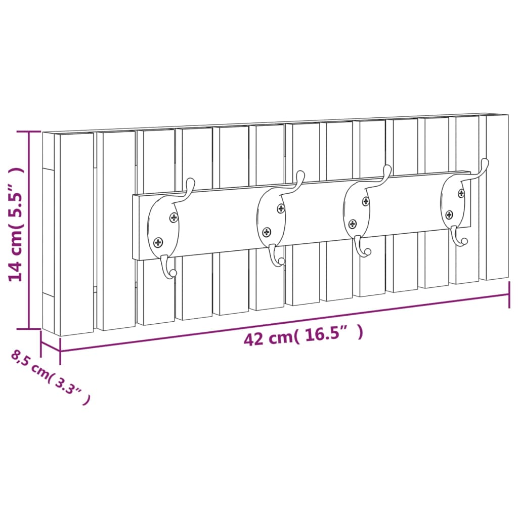 Wall coat hanger 42x8.5x14 cm in solid walnut wood