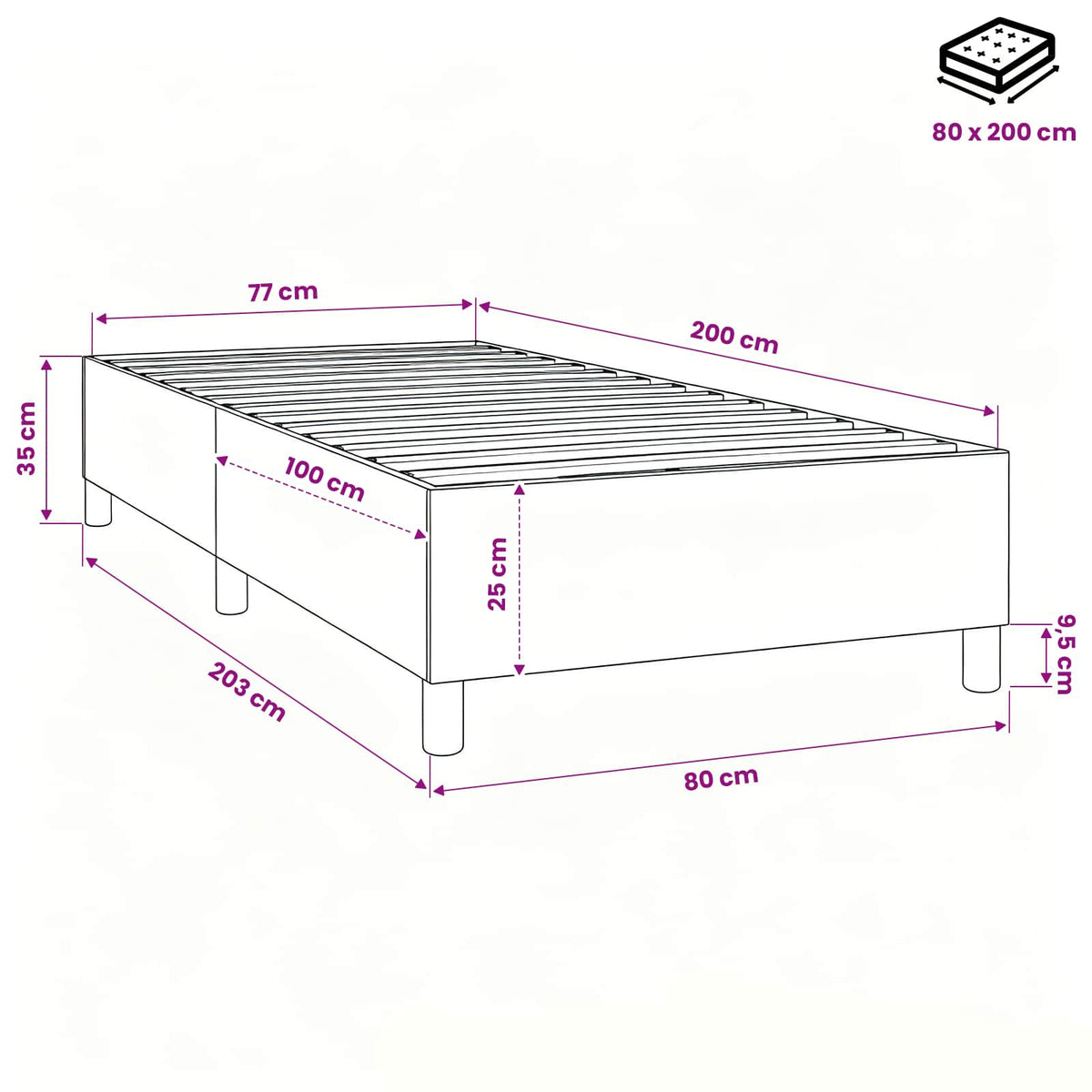 Struttura Letto a Rete a Molle Nero 80x200 cm Tessuto